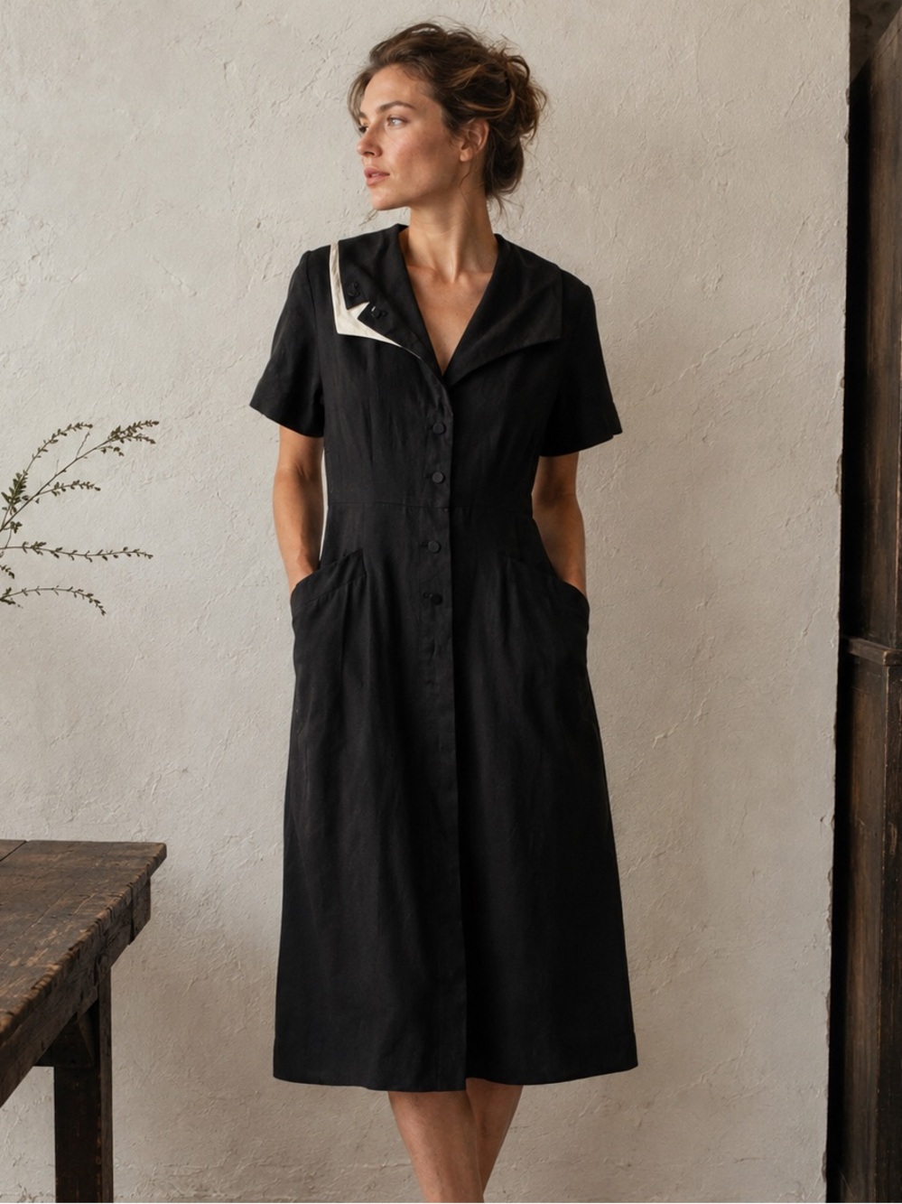 Vintage 1950s A. Mendel Creation Day Dress Women's L Black White Tea Dress